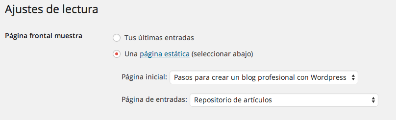 Elegir página de inicio de nuestro blog en Wordpress